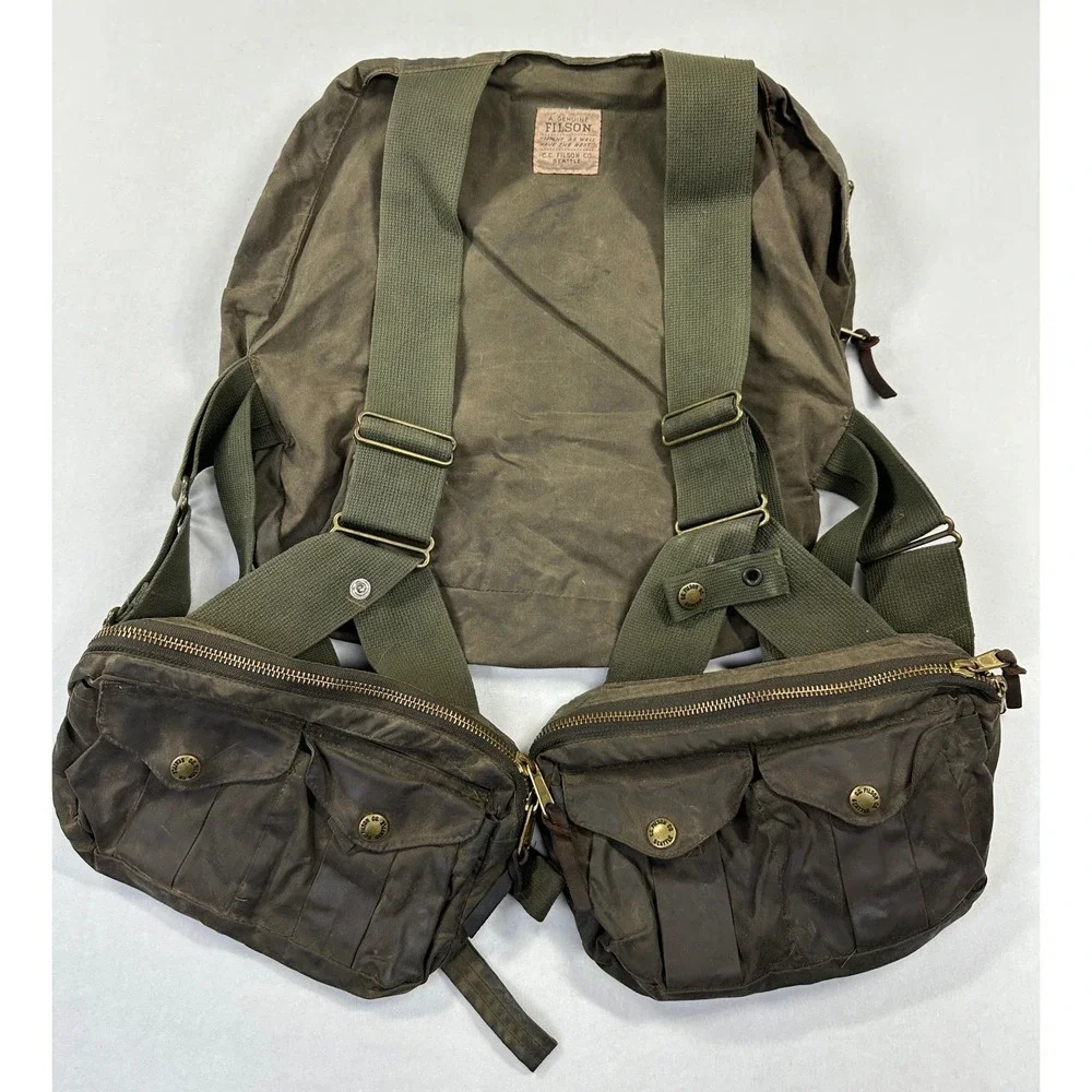 Vintage 90s Filson Waxed Canvas Foul Weather Vest Backpack Hunting Fly Fishing
